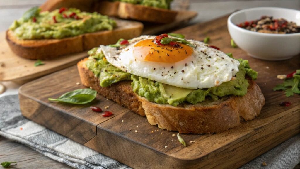 A close-up of avocado toast topped with a sunny-side-up egg on a white plate. The toast is garnished with black pepper and tiny greens. In the background, a halved avocado and silverware rest on a striped napkin.