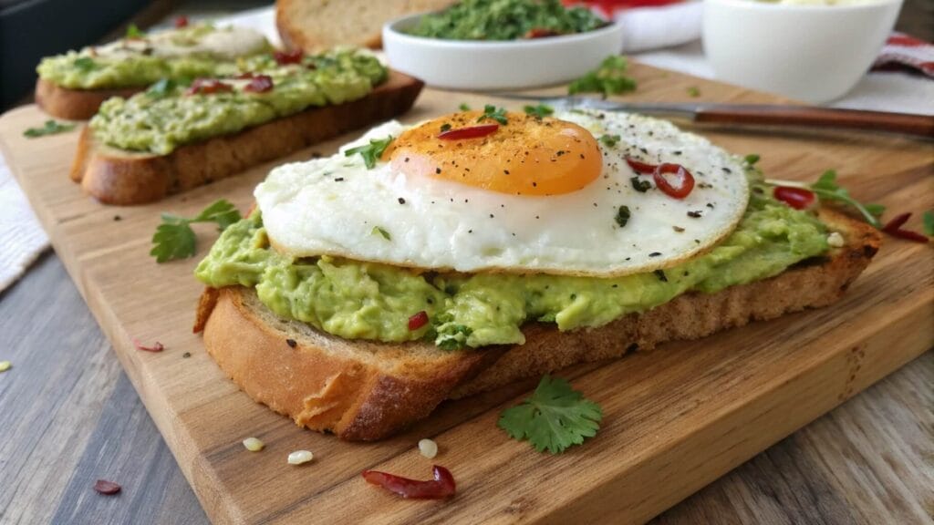 A close-up of avocado toast topped with a sunny-side-up egg on a white plate. The toast is garnished with black pepper and tiny greens. In the background, a halved avocado and silverware rest on a striped napkin.