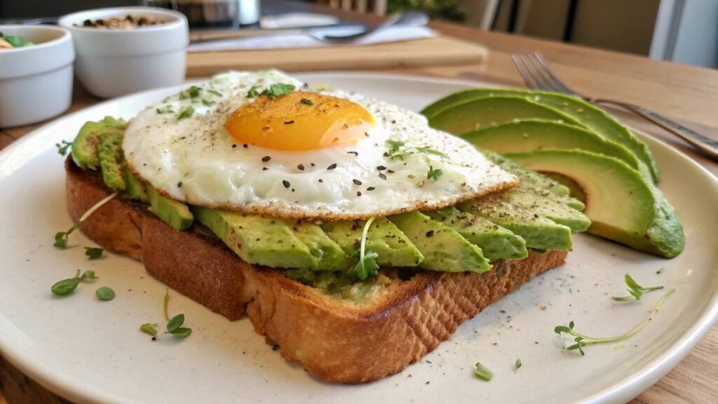 A close-up of avocado toast topped with a sunny-side-up egg on a white plate. The toast is garnished with black pepper and tiny greens. In the background, a halved avocado and silverware rest on a striped napkin.