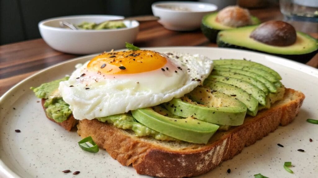 A close-up of avocado toast topped with a sunny-side-up egg on a white plate. The toast is garnished with black pepper and tiny greens. In the background, a halved avocado and silverware rest on a striped napkin.