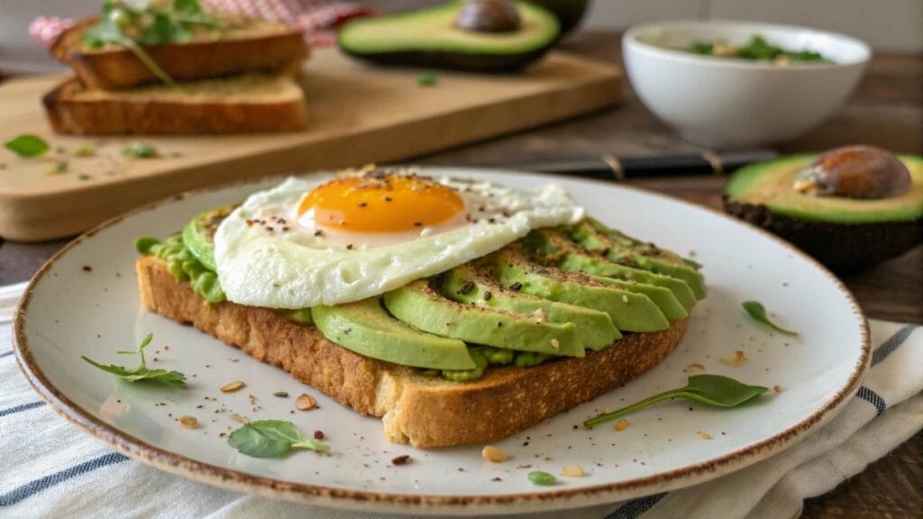 A close-up of avocado toast topped with a sunny-side-up egg on a white plate. The toast is garnished with black pepper and tiny greens. In the background, a halved avocado and silverware rest on a striped napkin.