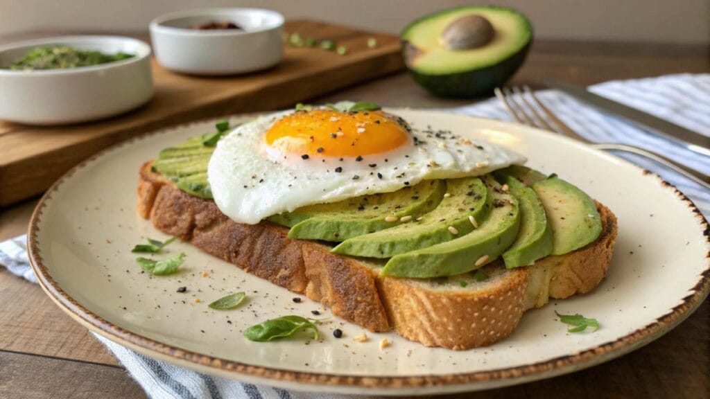 A close-up of avocado toast topped with a sunny-side-up egg on a white plate. The toast is garnished with black pepper and tiny greens. In the background, a halved avocado and silverware rest on a striped napkin.