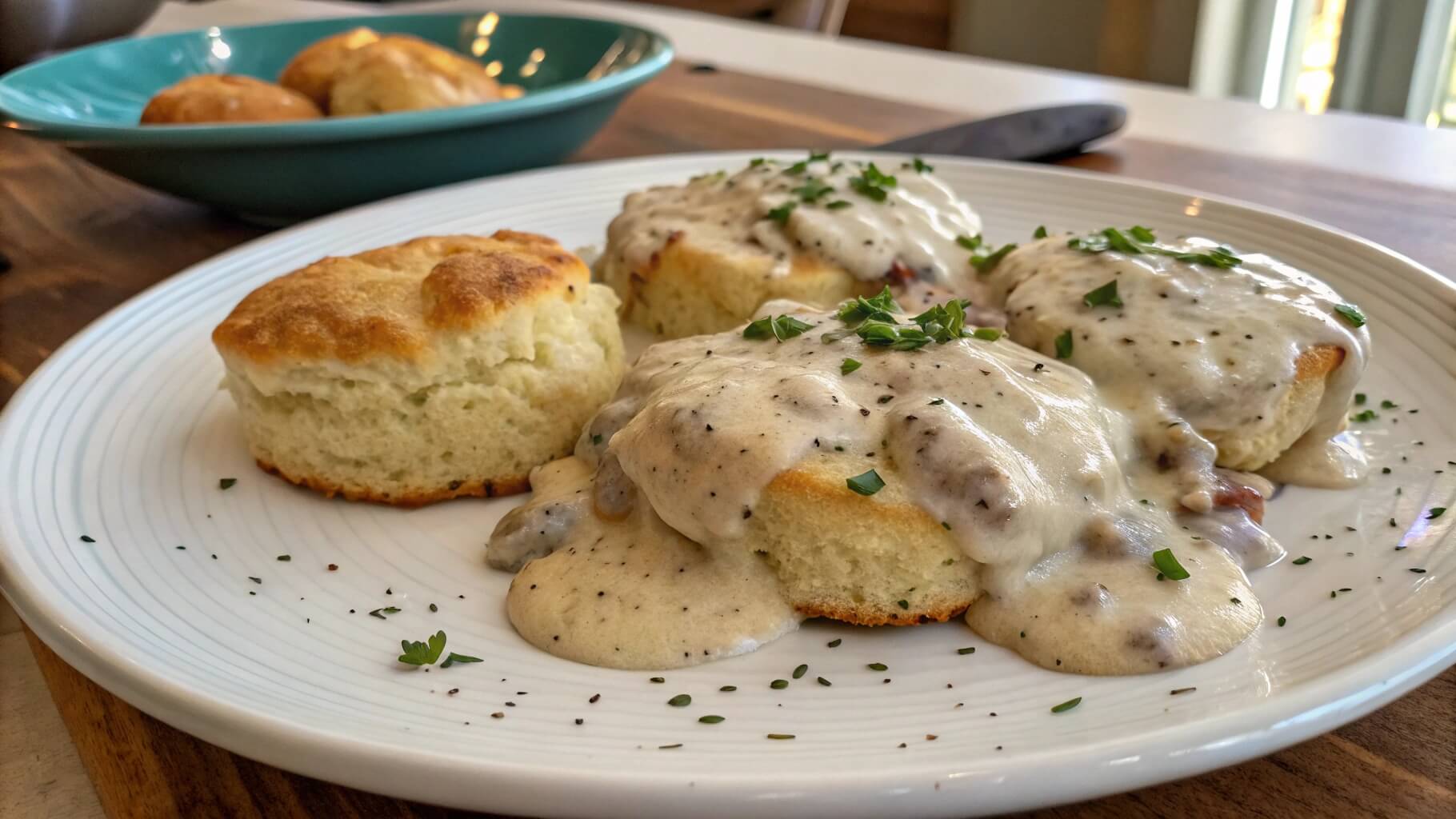 A white plate with fluffy biscuits smothered in creamy sausage gravy, garnished with chopped parsley. A bowl of additional biscuits sits in the background on a wooden table.