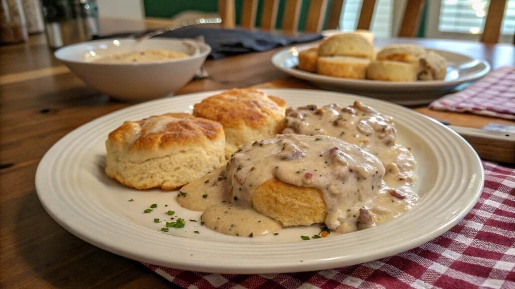 A white plate with fluffy biscuits smothered in creamy sausage gravy, garnished with chopped parsley. A bowl of additional biscuits sits in the background on a wooden table.