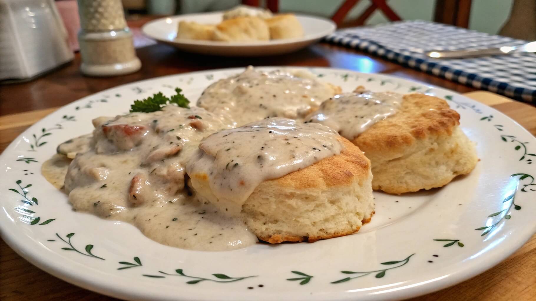 A white plate with fluffy biscuits smothered in creamy sausage gravy, garnished with chopped parsley. A bowl of additional biscuits sits in the background on a wooden table.