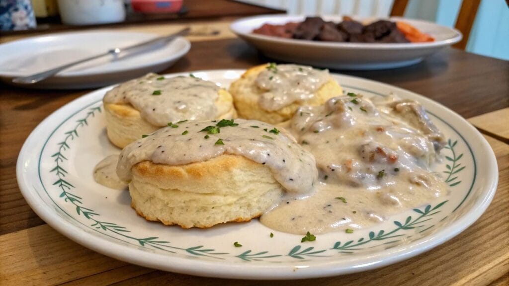 A white plate with fluffy biscuits smothered in creamy sausage gravy, garnished with chopped parsley. A bowl of additional biscuits sits in the background on a wooden table.