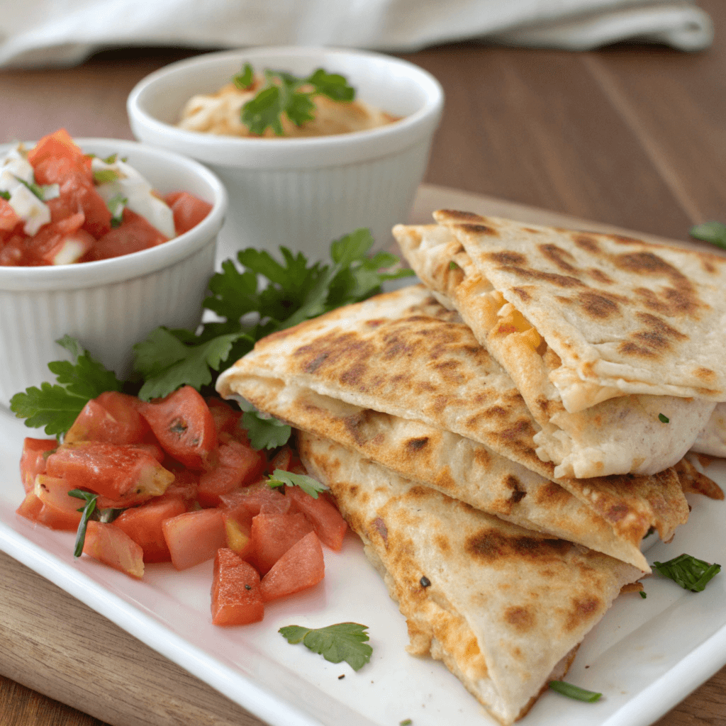 A plate of golden-brown quesadilla wedges filled with melted cheese, served with fresh tomato salsa, creamy dip, and garnished with parsley.