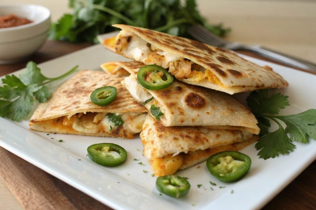 A plate of golden-brown chicken quesadilla wedges filled with melted cheese, served with fresh tomato salsa, creamy dip, and garnished with parsley.