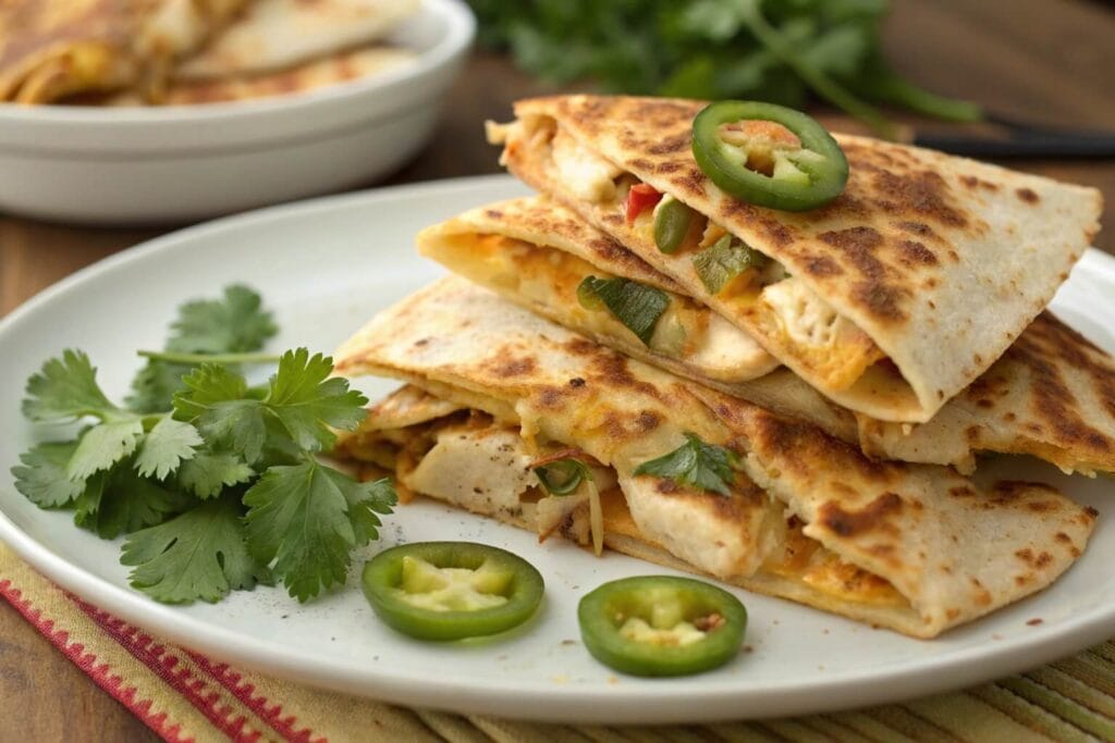 A plate of golden-brown chicken quesadilla wedges filled with melted cheese, served with fresh tomato salsa, creamy dip, and garnished with parsley.