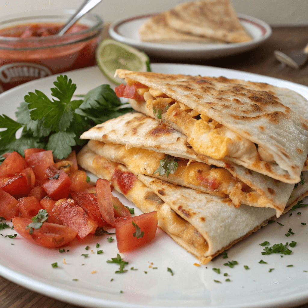 A plate of golden-brown chicken quesadilla wedges filled with melted cheese, served with fresh tomato salsa, creamy dip, and garnished with parsley.