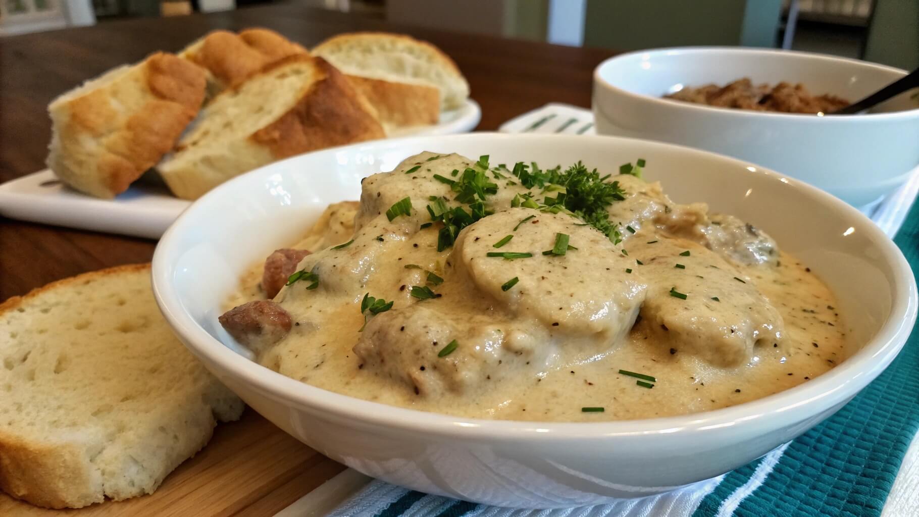 A white plate with creamy sausage gravy, garnished with chopped parsley. A bowl of additional biscuits sits in the background on a wooden table.