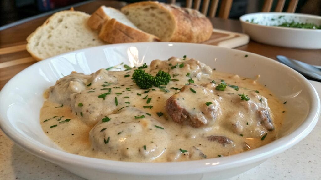 A white plate with creamy sausage gravy, garnished with chopped parsley. A bowl of additional biscuits sits in the background on a wooden table.