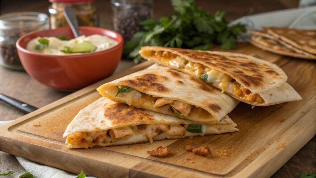 A plate of golden-brown chicken quesadilla wedges filled with melted cheese, served with fresh tomato salsa, creamy dip, and garnished with parsley.