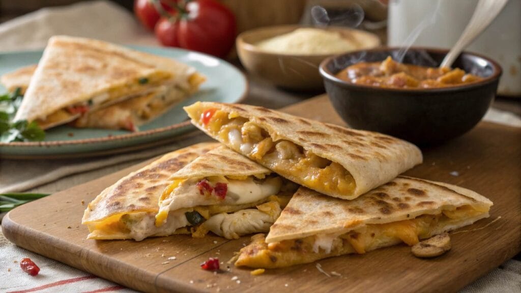 A plate of golden-brown chicken quesadilla wedges filled with melted cheese, served with fresh tomato salsa, creamy dip, and garnished with parsley.