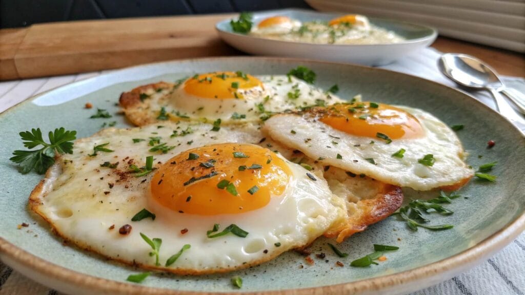 A close-up view of sunny-side-up fried eggs garnished with chopped chives, served on a blue ceramic plate. In the background, there is a bowl and a plate of toasted bread on a wooden kitchen counter.