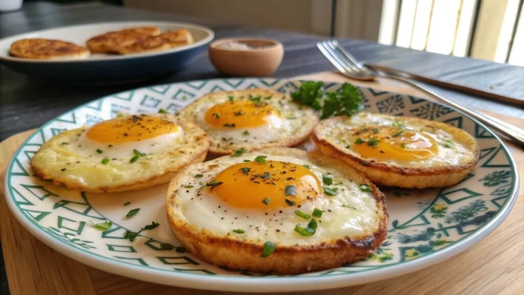 A close-up view of sunny-side-up fried eggs garnished with chopped chives, served on a blue ceramic plate. In the background, there is a bowl and a plate of toasted bread on a wooden kitchen counter.