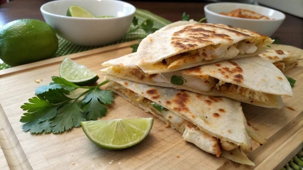 A plate of golden-brown chicken quesadilla wedges filled with melted cheese, served with fresh tomato salsa, creamy dip, and garnished with parsley.