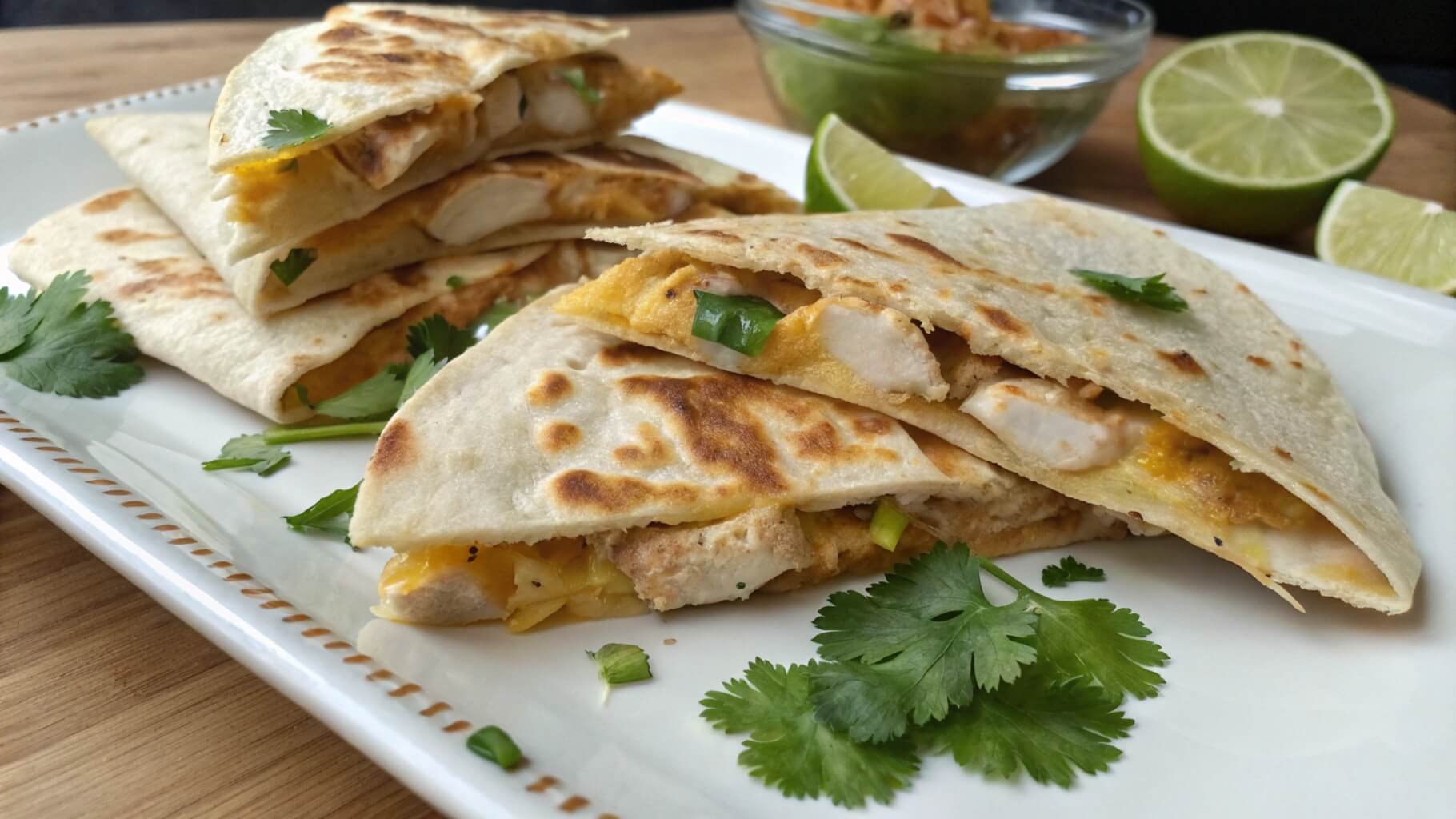 A plate of golden-brown chicken quesadilla wedges filled with melted cheese, served with fresh tomato salsa, creamy dip, and garnished with parsley.