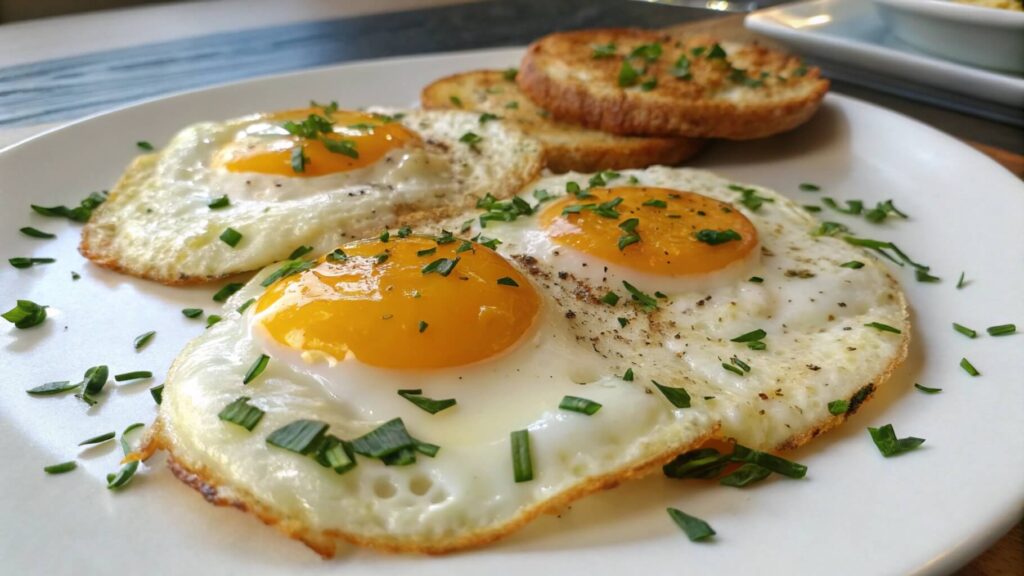 A close-up view of sunny-side-up fried eggs garnished with chopped chives, served on a blue ceramic plate. In the background, there is a bowl and a plate of toasted bread on a wooden kitchen counter.