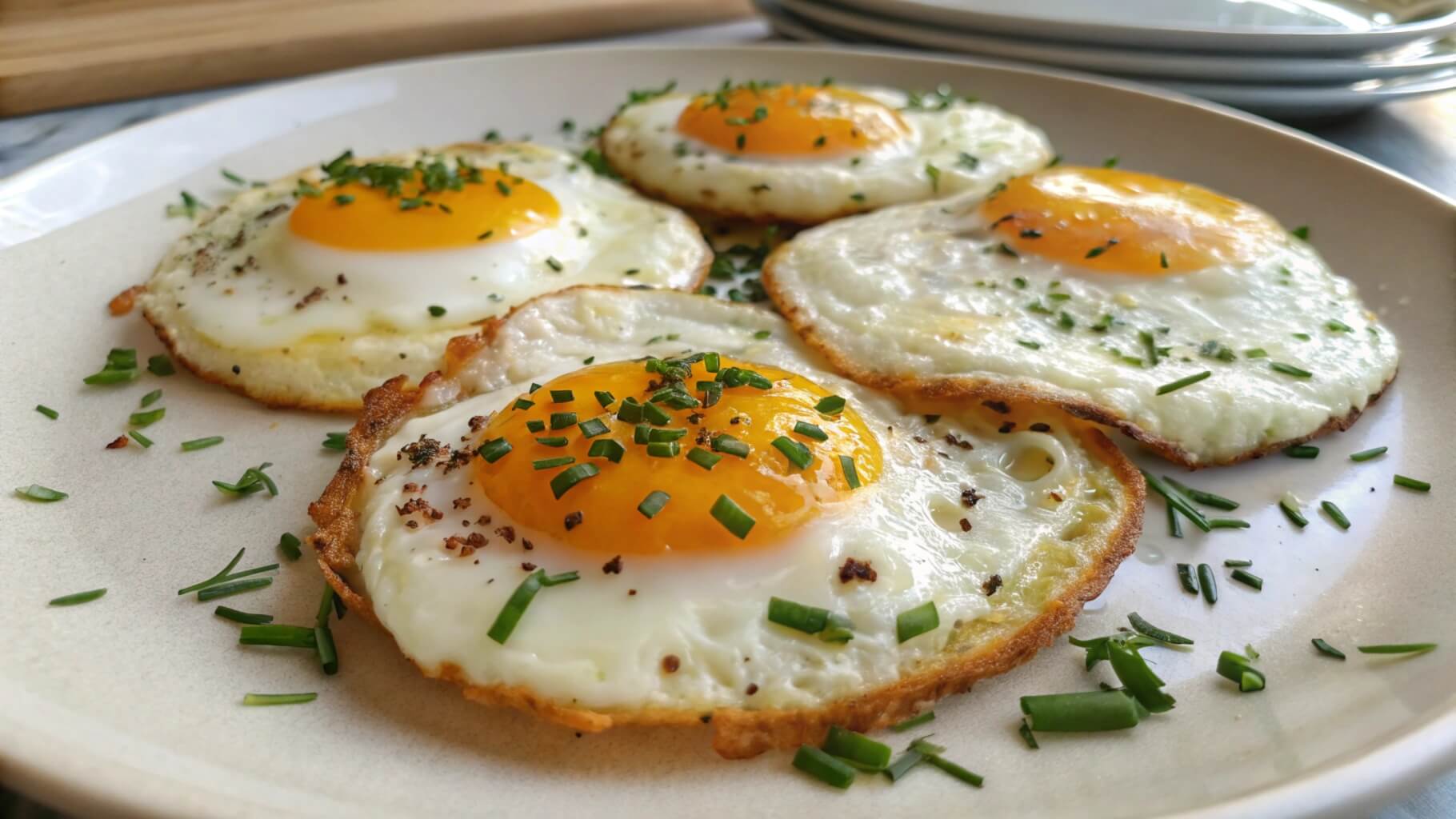 A close-up view of sunny-side-up fried eggs garnished with chopped chives, served on a blue ceramic plate. In the background, there is a bowl and a plate of toasted bread on a wooden kitchen counter.