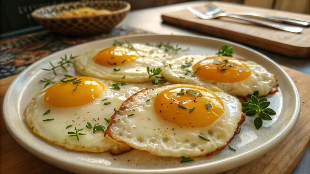 A close-up view of sunny-side-up fried eggs garnished with chopped chives, served on a blue ceramic plate. In the background, there is a bowl and a plate of toasted bread on a wooden kitchen counter.