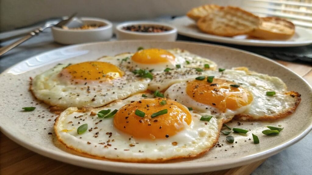 A close-up view of sunny-side-up fried eggs garnished with chopped chives, served on a blue ceramic plate. In the background, there is a bowl and a plate of toasted bread on a wooden kitchen counter.