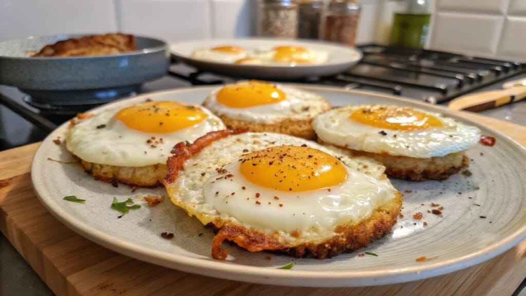 A close-up view of sunny-side-up fried eggs garnished with chopped chives, served on a blue ceramic plate. In the background, there is a bowl and a plate of toasted bread on a wooden kitchen counter.