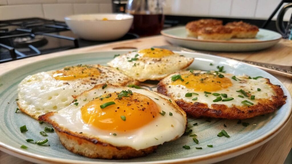 A close-up view of sunny-side-up fried eggs garnished with chopped chives, served on a blue ceramic plate. In the background, there is a bowl and a plate of toasted bread on a wooden kitchen counter.