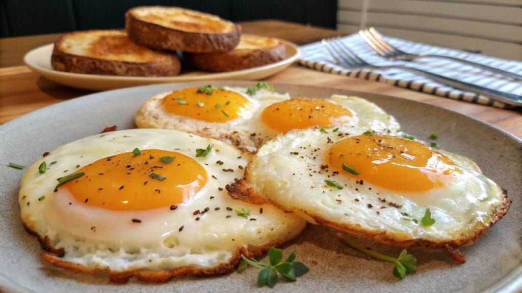 A close-up view of sunny-side-up fried eggs garnished with chopped chives, served on a blue ceramic plate. In the background, there is a bowl and a plate of toasted bread on a wooden kitchen counter.