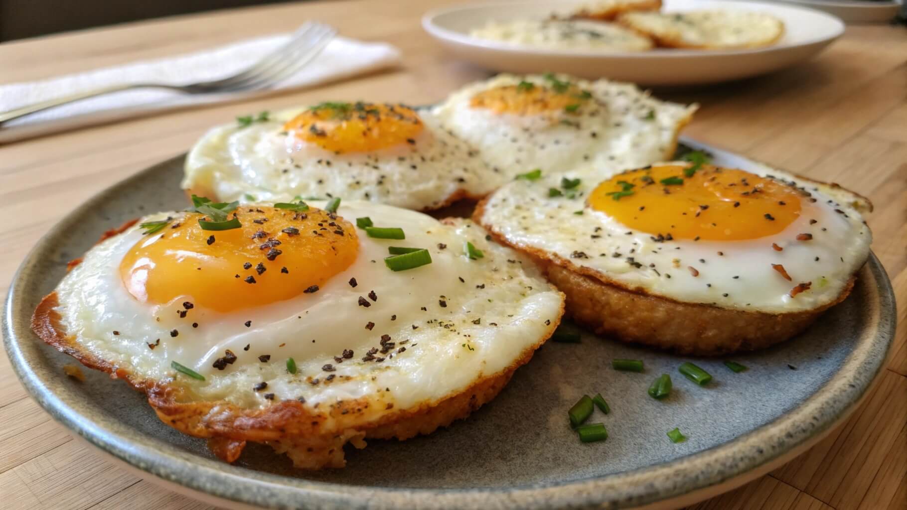 A close-up view of sunny-side-up fried eggs garnished with chopped chives, served on a blue ceramic plate. In the background, there is a bowl and a plate of toasted bread on a wooden kitchen counter.