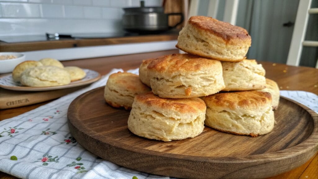 A woody plate with fluffy biscuits , garnished with chopped parsley. A bowl of additional biscuits sits in the background on a wooden table.