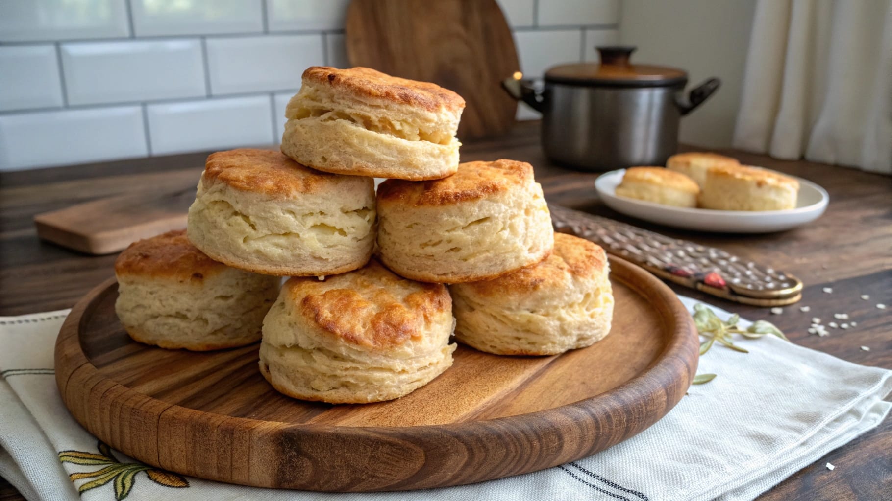 A woody plate with fluffy biscuits , garnished with chopped parsley. A bowl of additional biscuits sits in the background on a wooden table.