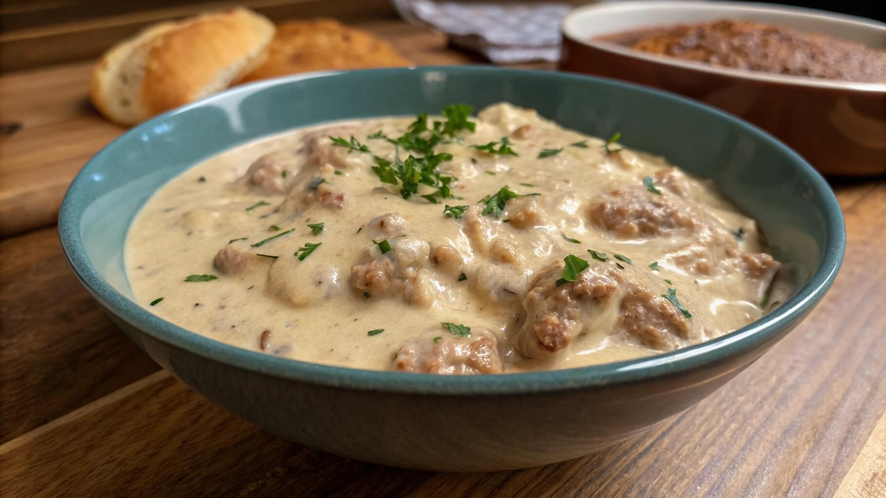 A green plate with creamy sausage gravy, garnished with chopped parsley. A bowl of additional biscuits sits in the background on a wooden table.