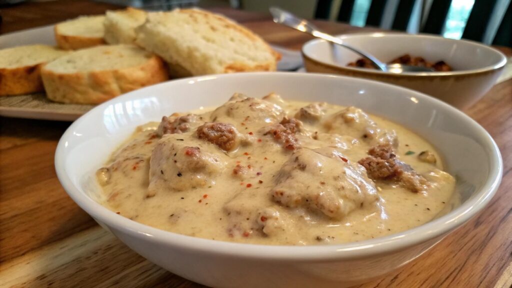 A white plate with creamy sausage gravy, garnished with chopped parsley. A bowl of additional biscuits sits in the background on a wooden table.