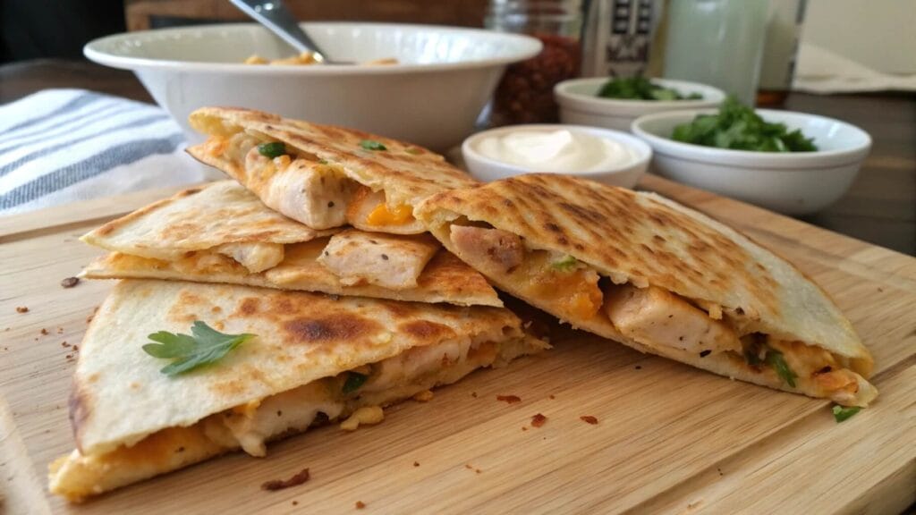 A plate of golden-brown chicken quesadilla wedges filled with melted cheese, served with fresh tomato salsa, creamy dip, and garnished with parsley.