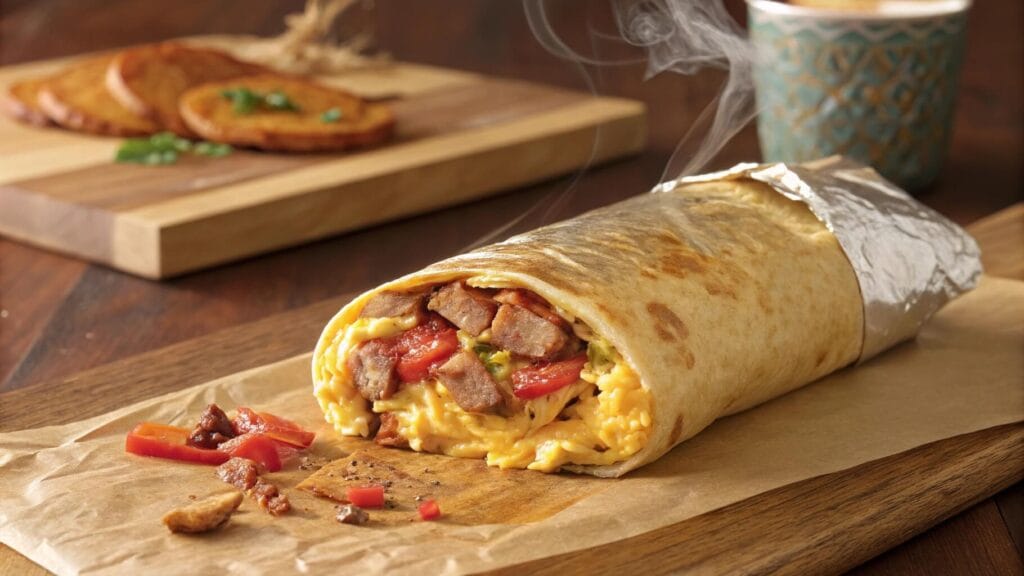 A close-up of a steaming breakfast burrito filled with scrambled eggs, sausage, melted cheese, and diced red peppers, placed on a wooden cutting board with parchment paper. A small bowl of salsa and a cup of coffee are in the blurred background.