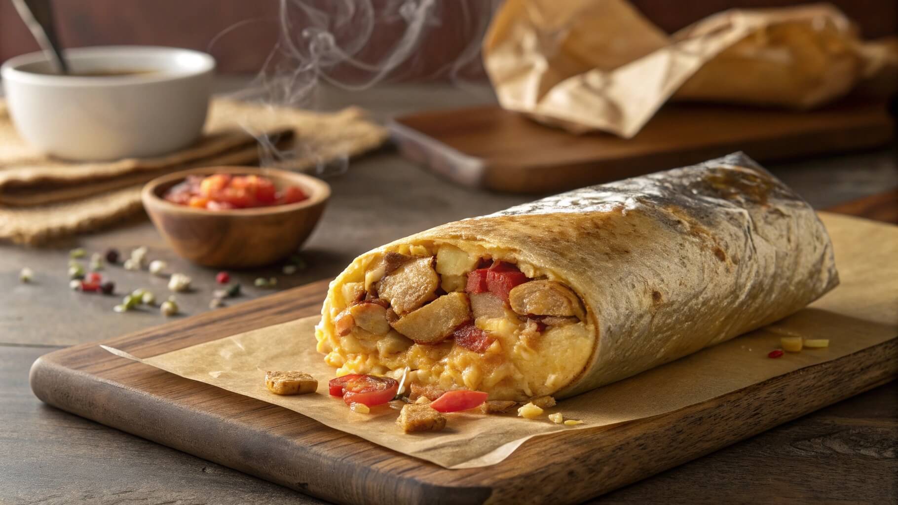 A close-up of a steaming breakfast burrito filled with scrambled eggs, sausage, melted cheese, and diced red peppers, placed on a wooden cutting board with parchment paper. A small bowl of salsa and a cup of coffee are in the blurred background.