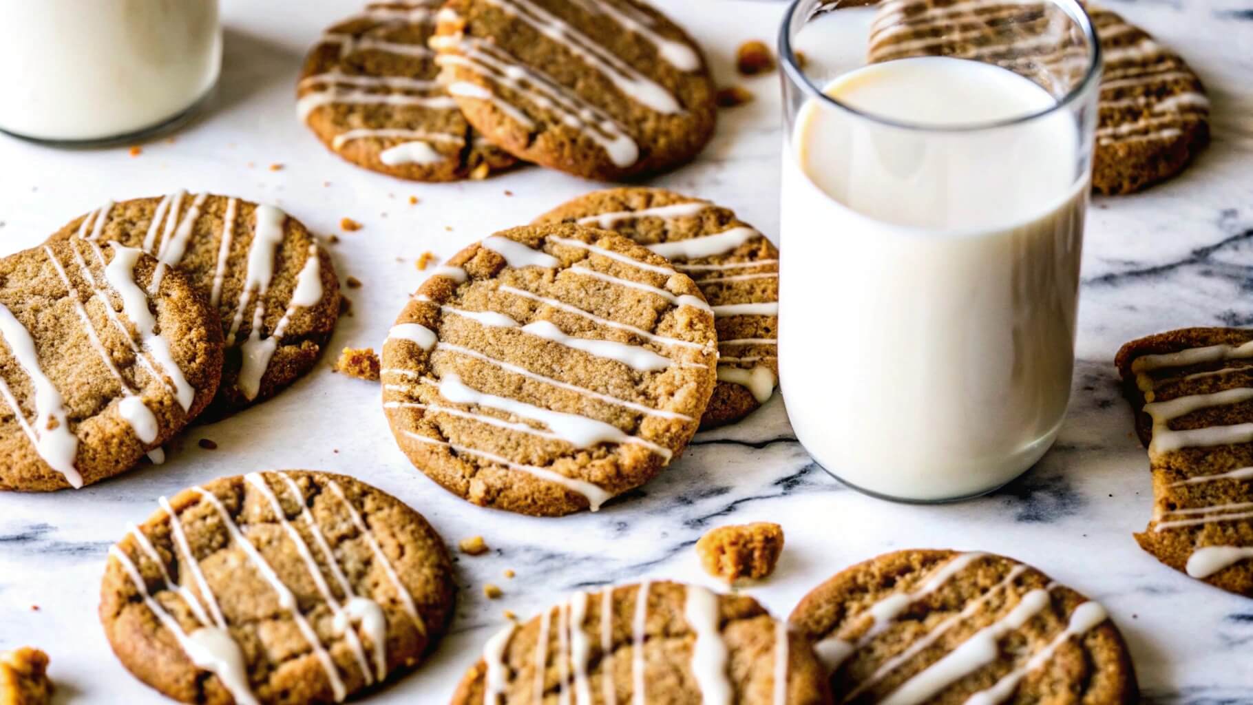 A close-up of freshly baked cookies drizzled with white icing, scattered on a marble surface with crumbs, accompanied by a glass of milk.