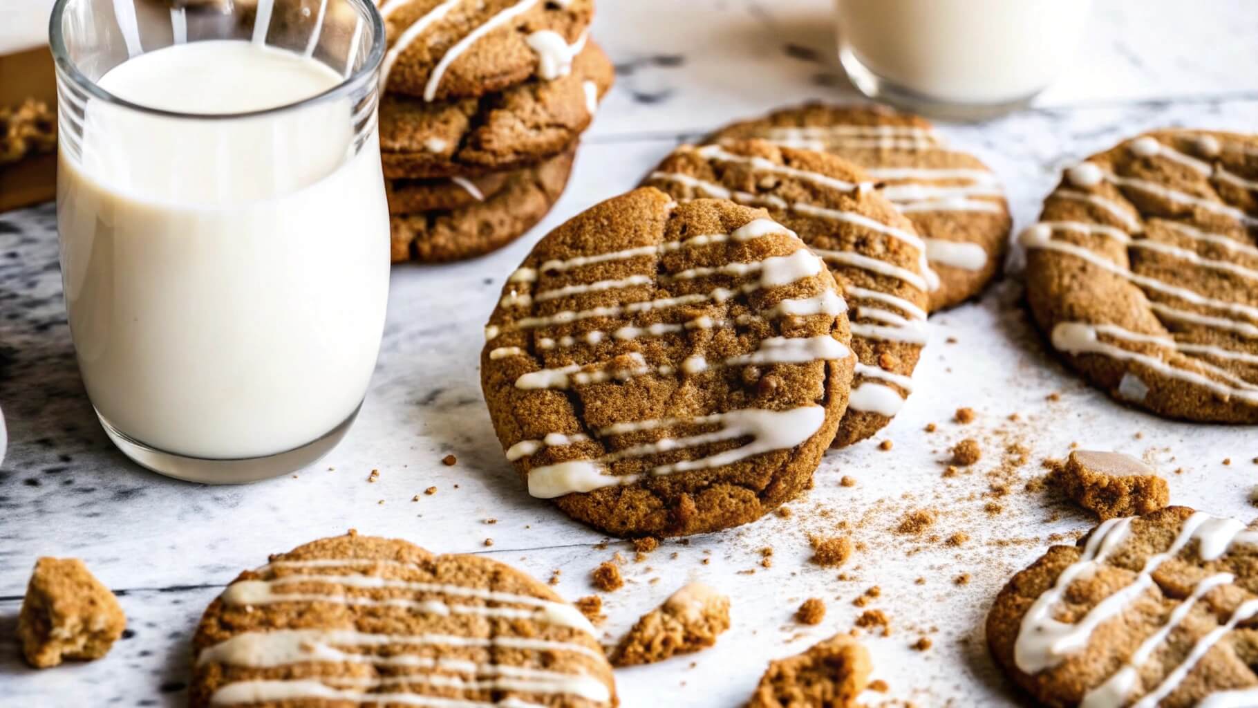 A close-up of freshly baked cookies drizzled with white icing, scattered on a marble surface with crumbs, accompanied by a glass of milk.