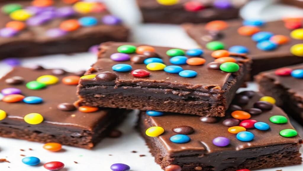 A close-up of chocolate brownies topped with colorful candy-coated chocolate pieces, arranged on a white surface. The texture of the brownies and the vibrant candy colors create a visually delightful treat.