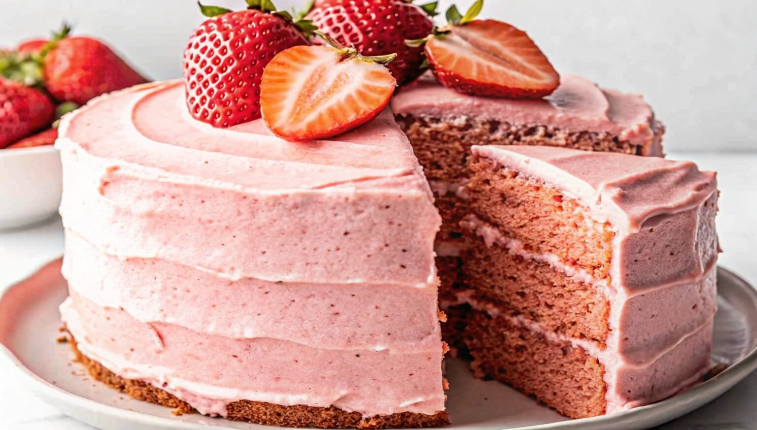 A pink strawberry layer cake with creamy strawberry frosting, topped with fresh halved strawberries, displayed on a white plate. A slice is cut out, revealing the moist layers inside.