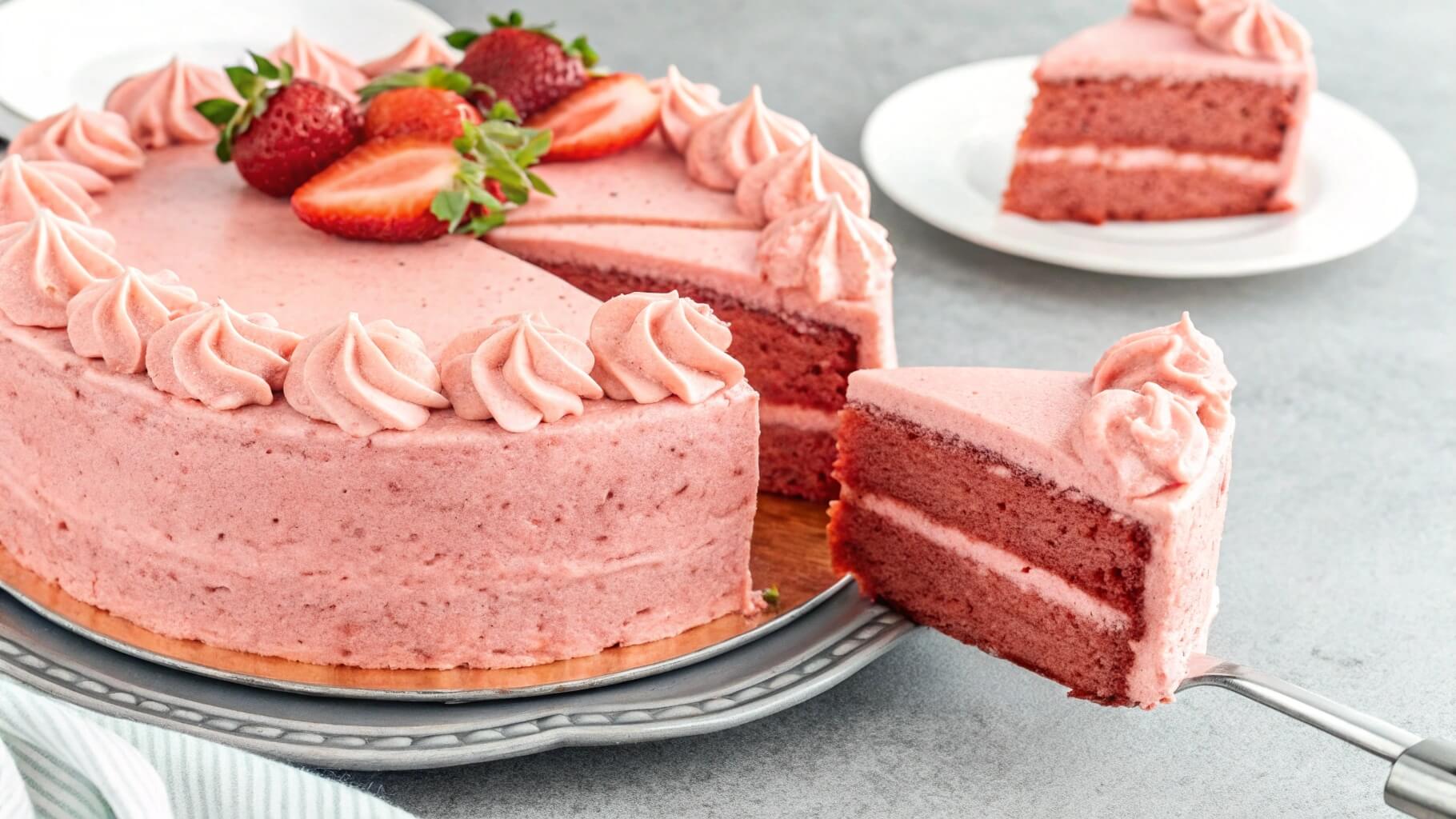 A pink strawberry layer cake with creamy strawberry frosting, topped with fresh halved strawberries, displayed on a white plate. A slice is cut out, revealing the moist layers inside.