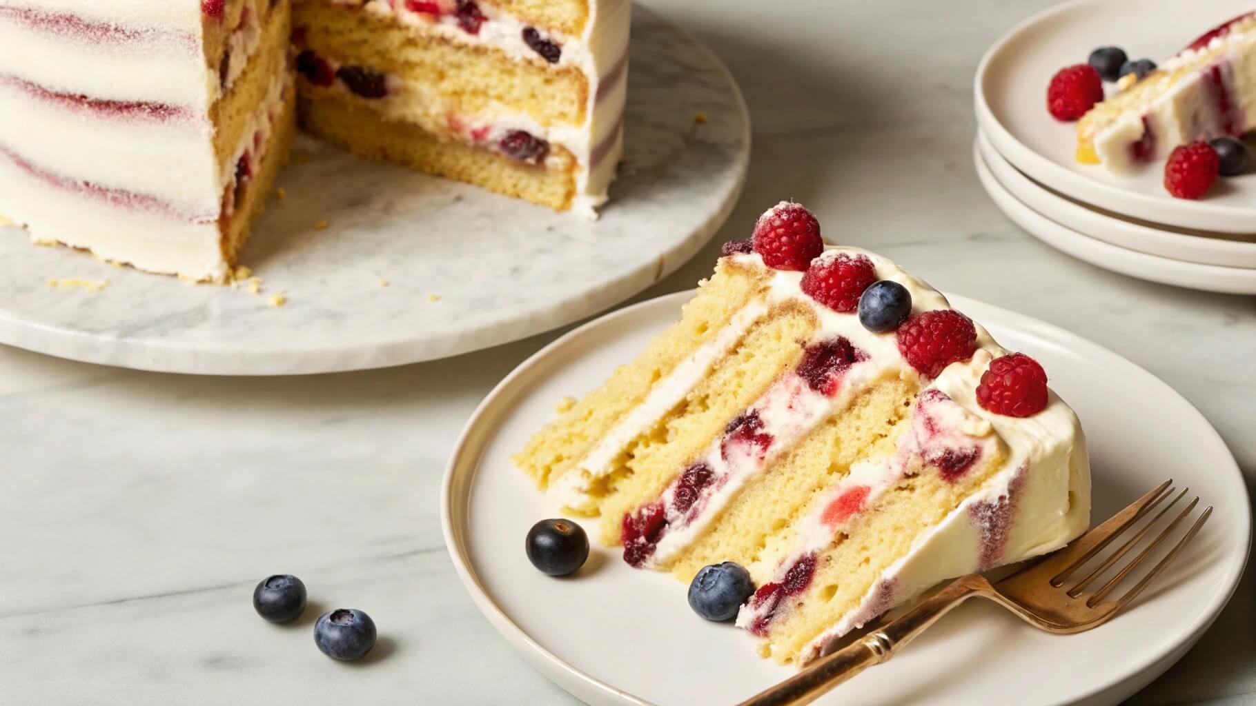 A slice of layered Chantilly cake with cream frosting and fresh berries, including raspberries and blueberries, placed on a white plate with a golden fork. The full cake, with a large slice cut out, is on a marble cake stand in the background.