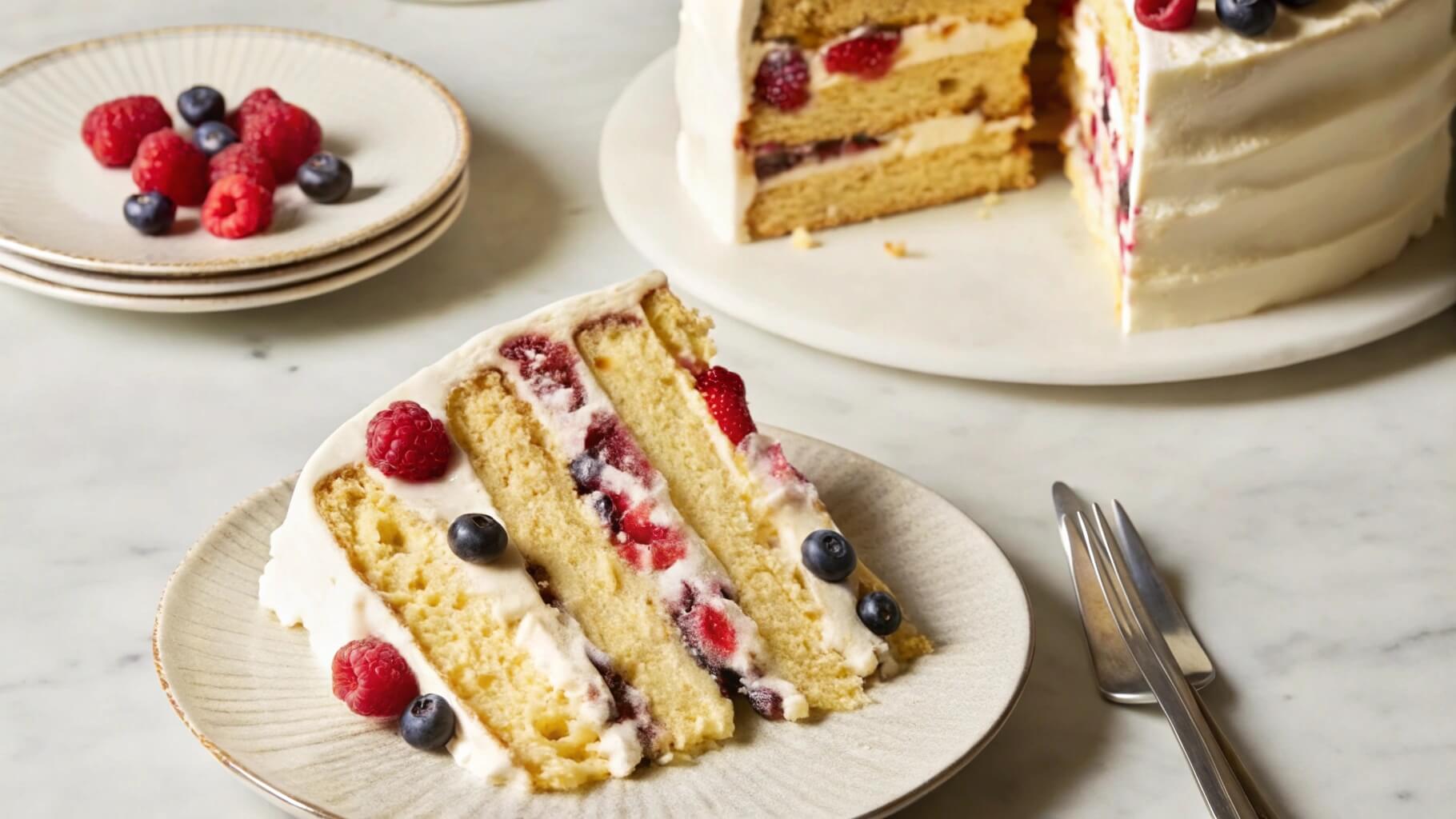 A slice of layered Chantilly cake with cream frosting and fresh berries, including raspberries and blueberries, placed on a white plate with a golden fork. The full cake, with a large slice cut out, is on a marble cake stand in the background.