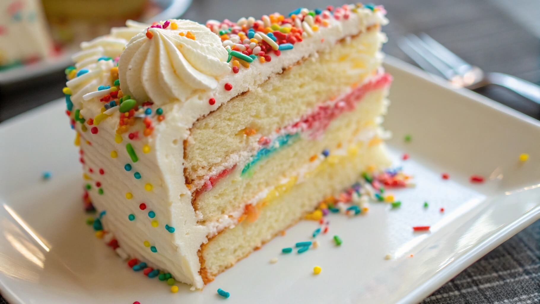 A close-up of a sliced birthday cake with layers of vanilla sponge, strawberry filling, and white frosting, decorated with colorful sprinkles and lit candles on top.