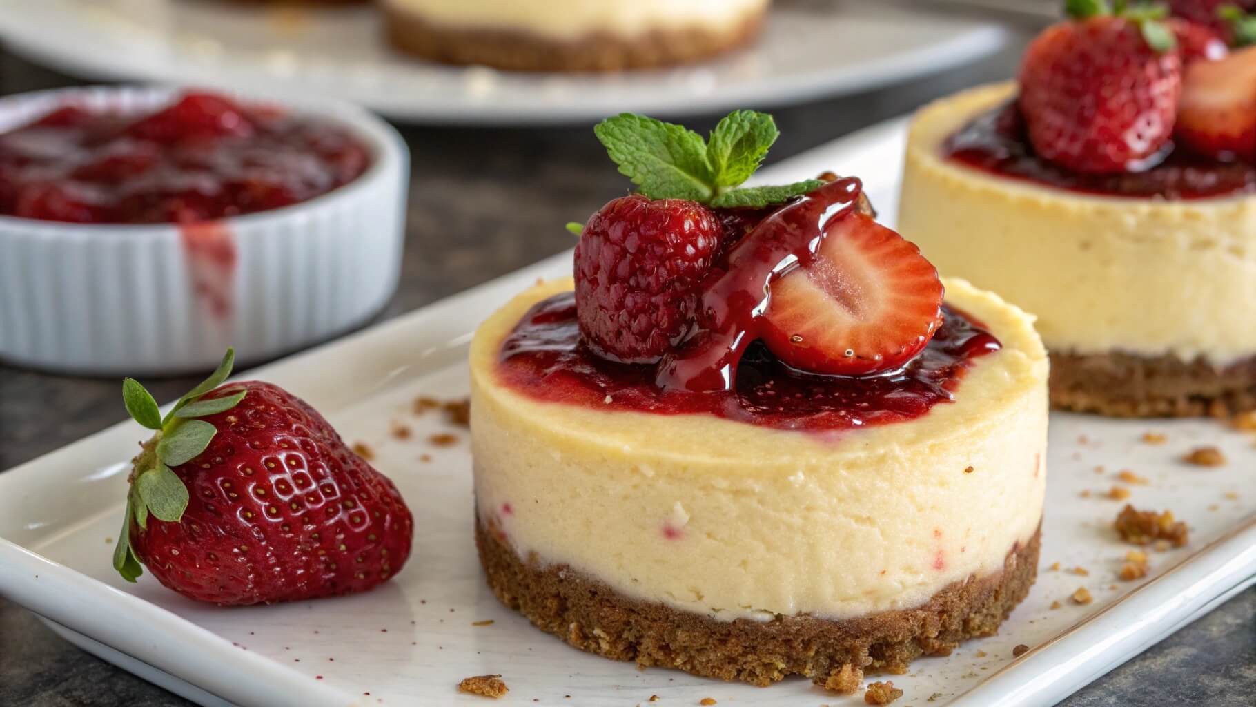 A close-up of a mini cheesecake topped with fresh strawberries and raspberries, drizzled with a glossy fruit glaze, sitting on a silver base.