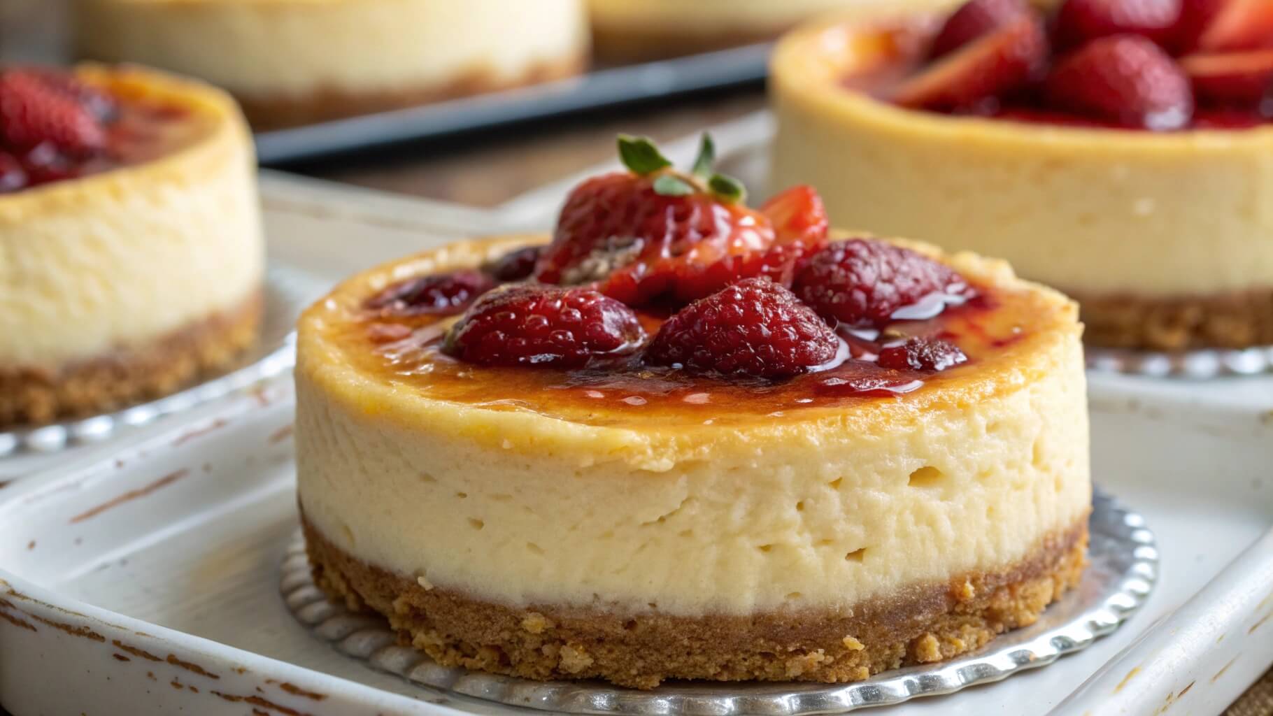 A close-up of a mini cheesecake topped with fresh strawberries and raspberries, drizzled with a glossy fruit glaze, sitting on a silver base.