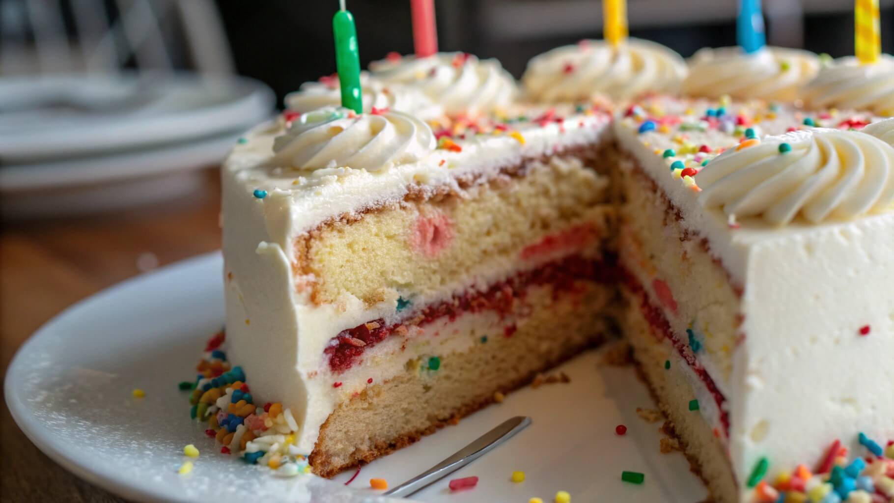 A close-up of a sliced birthday cake with layers of vanilla sponge, strawberry filling, and white frosting, decorated with colorful sprinkles and lit candles on top.