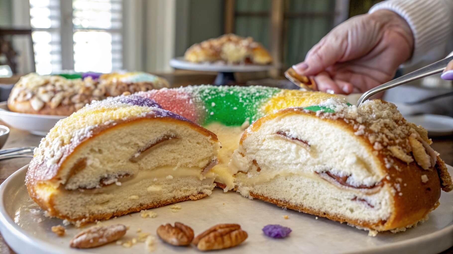 A close-up of a sliced King Cake on a plate, featuring colorful sugar decorations in purple, green, and yellow. A hand is seen in the background using a fork to cut into the cake, with pecans scattered on the table.