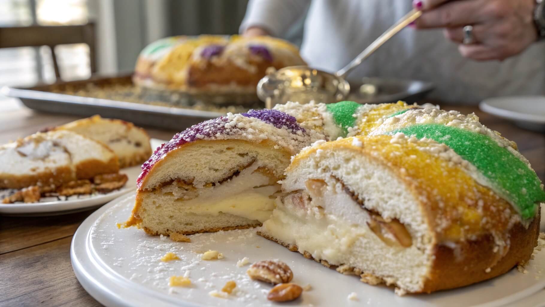 A close-up of a sliced King Cake on a plate, featuring colorful sugar decorations in purple, green, and yellow. A hand is seen in the background using a fork to cut into the cake, with pecans scattered on the table.